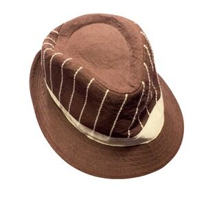 D&Y Brown Pinstripe Fedora Hat Linen Cotton‎ OSFM – Lined Casual Retro